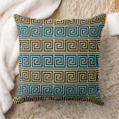 ギリシャ鍵アクアティール（緑がかった色）とブラックと金ゴールドストライプ クッション (ブランケット)