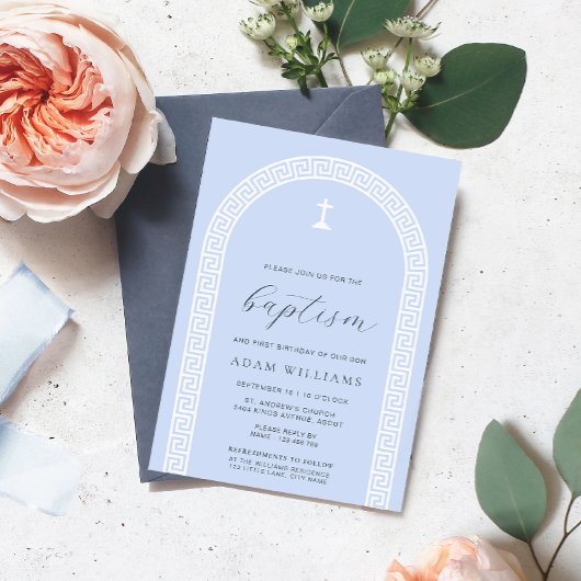 ギリシャ鍵アーチブルーバプテスマ 招待状
