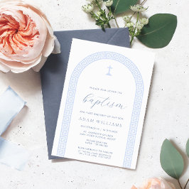 ギリシャ鍵アーチホワイトブルーバプテスマ 招待状