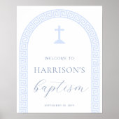 ギリシャ鍵アーチホワイトブルーバプテスムウェルカムサイン ポスター (正面)