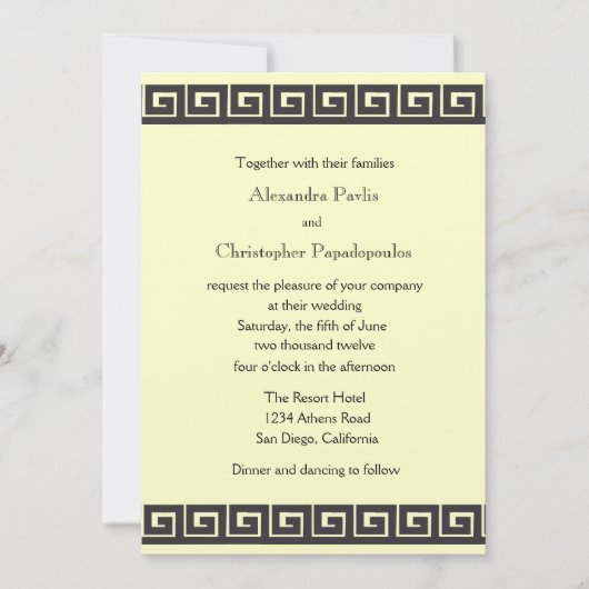 ギリシャ鍵オンメタリック金ゴールド結婚式招待状 招待状 (正面)