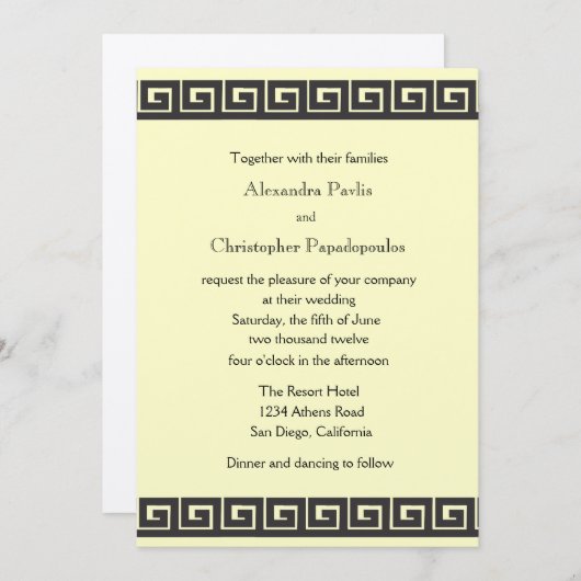 ギリシャ鍵オンメタリック金ゴールド結婚式招待状 招待状 (正面/裏面)