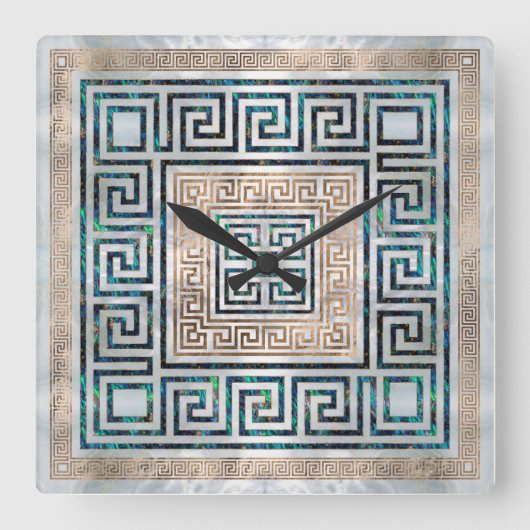 ギリシャ鍵オーナメント – アバロンと金ゴールド スクエア壁時計 (正面)