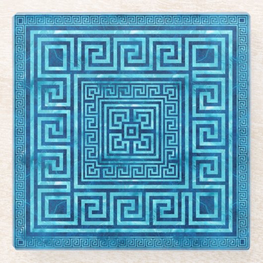ギリシャ鍵オーナメント – ギリシャ蛇行 – 青大理石 ガラスコースター (正面)