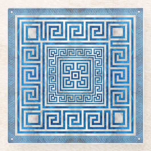 ギリシャ鍵オーナメント – ギリシャ蛇行 – 青大理石 ガラスコースター (正面)