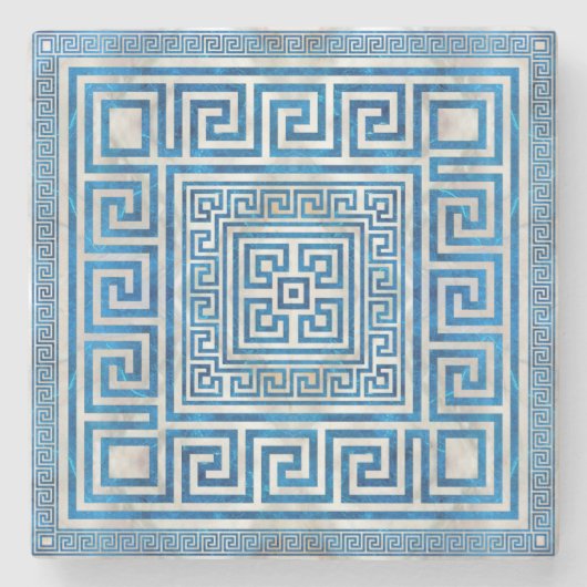 ギリシャ鍵オーナメント – ギリシャ蛇行 – 青大理石 ストーンコースター (正面)