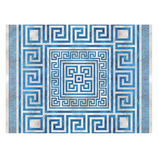 ギリシャ鍵オーナメント – ギリシャ蛇行 – 青大理石 テーブルクロス (正面(横))