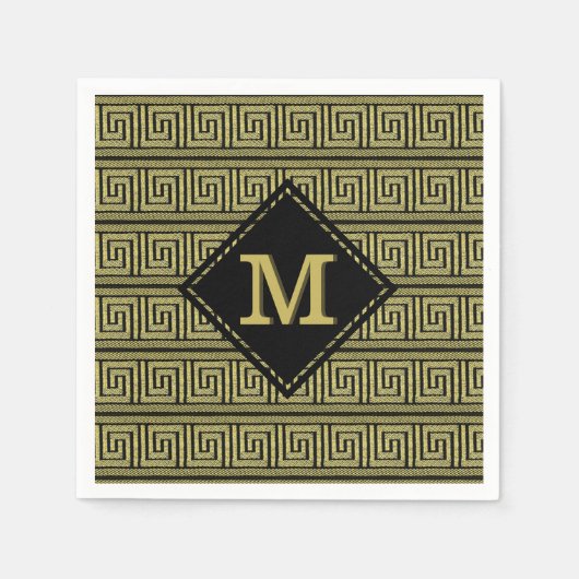 ギリシャ鍵クラシックデザインインゴールズ&ブラック スタンダードカクテルナプキン (正面)