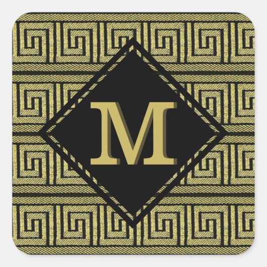 ギリシャ鍵クラシックデザインイン金ゴールド&ブラック スクエアシール (正面)