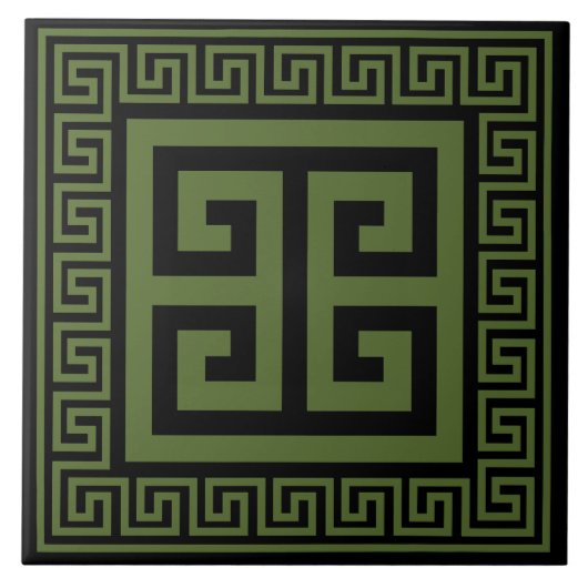 ギリシャ鍵ダークオリーブグリーンオンブラックセラミックタイル タイル (正面)
