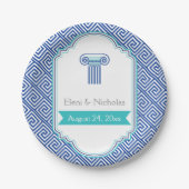 ギリシャ鍵パターンとアクア結婚ブルー柱 ペーパープレート (正面)