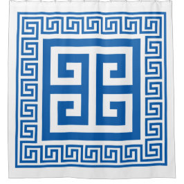 ギリシャ鍵パターンブルーとホワイトデザイン シャワーカーテン