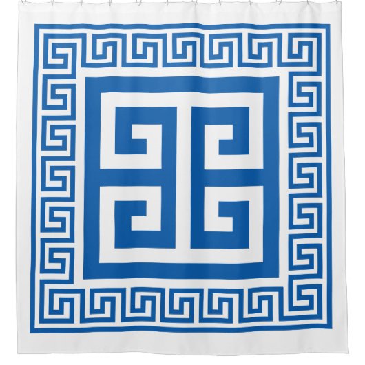 ギリシャ鍵パターンブルーとホワイトデザイン シャワーカーテン (正面)