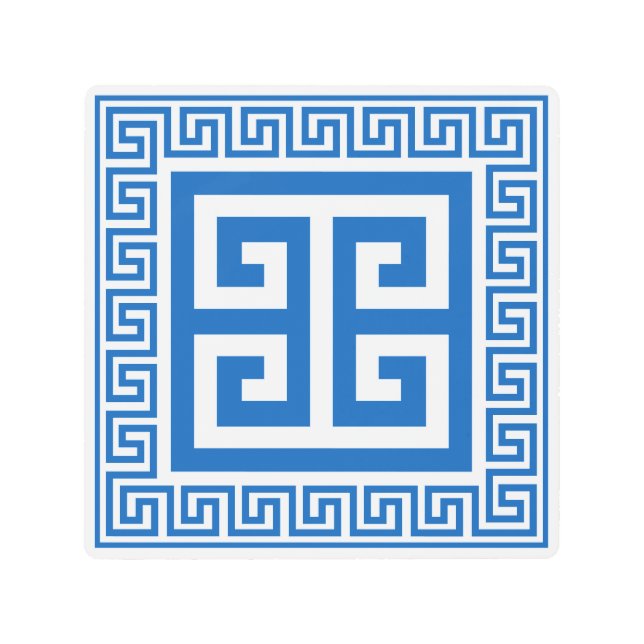 ギリシャ鍵パターンブルーとホワイトデザイン メタルプリント (正面)