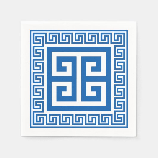 ギリシャ鍵パターンブルーアンドホワイト紙ナプキンス スタンダードカクテルナプキン (正面)