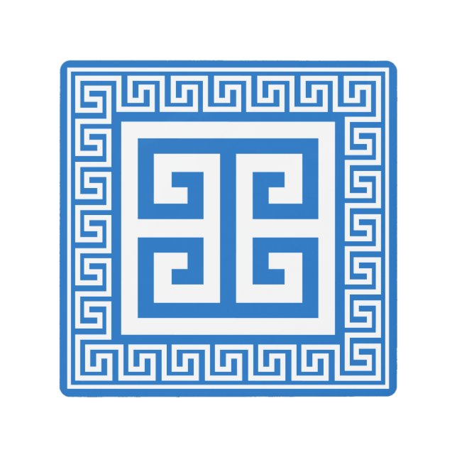 ギリシャ鍵パターンホワイトアンドブルーデザイン メタルプリント (正面)