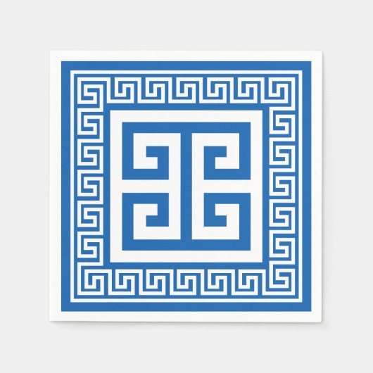 ギリシャ鍵パターンホワイトアンドブルー紙ナプキンス スタンダードカクテルナプキン (正面)