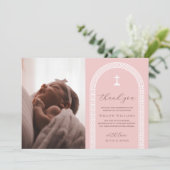 ギリシャ鍵ピンクフォトバプテスマサンキューカード サンキューカード (スタンド正面)