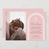 ギリシャ鍵ピンクフォトバプテスマサンキューカード サンキューカード (正面/裏面)