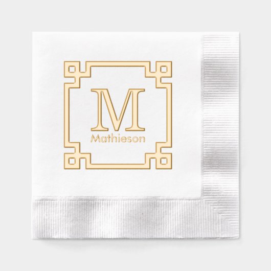 ギリシャ鍵フレームイニシャル名モノグラム 箔ナプキン (正面)