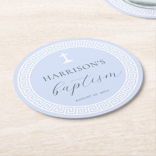 ギリシャ鍵ブルーバプテスマ ラウンドペーパーコースター (アングル)