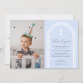 ギリシャ鍵ブルーフォトバプテスマサンキューカード 招待状 (正面)