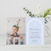 ギリシャ鍵ブルーフォトバプテスマサンキューカード 招待状 (スタンド正面)