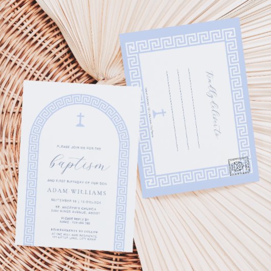ギリシャ鍵ホワイトブルーバプテスマ招待状はがき ポストカード