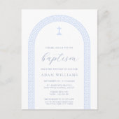 ギリシャ鍵ホワイトブルーバプテスマ招待状はがき ポストカード (正面)