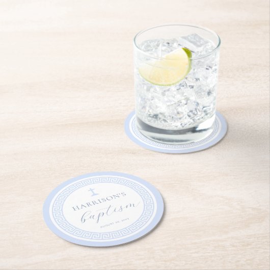 ギリシャ鍵ホワイトブルーバプテスマ ラウンドペーパーコースター (インサイチュ)