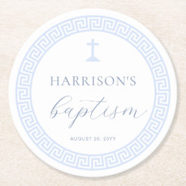 ギリシャ鍵ホワイトブルーバプテスマ ラウンドペーパーコースター