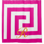 ギリシャ鍵モノグラムホットピンクオレンジ白いパターン シャワーカーテン (正面)