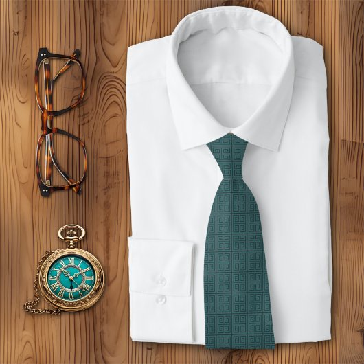 ギリシャ鍵幾何学的ティール(緑がかった色) ネクタイ