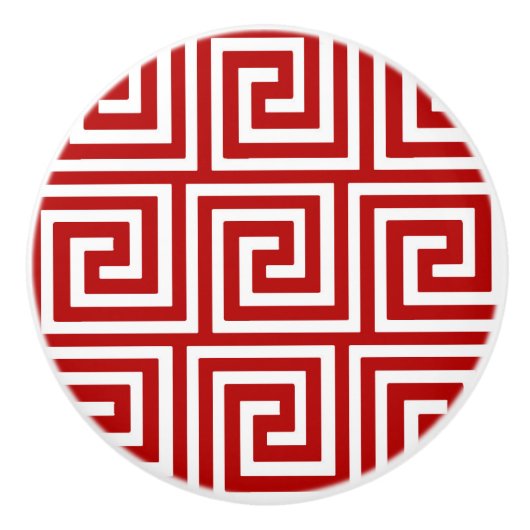 ギリシャ鍵、深い 赤と白 セラミックノブ (正面)