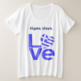 ギリシャ青LOVEハート旗カスタマイズ プラスサイズTシャツ