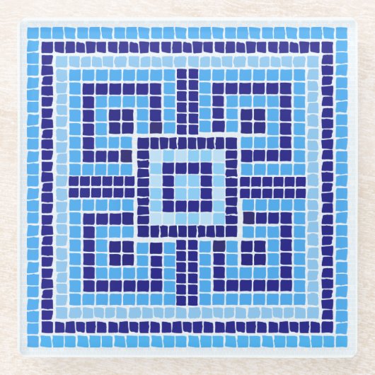 ギリシャ風モザイクタイルオーナメント – ブルーシェード ガラスコースター (正面)