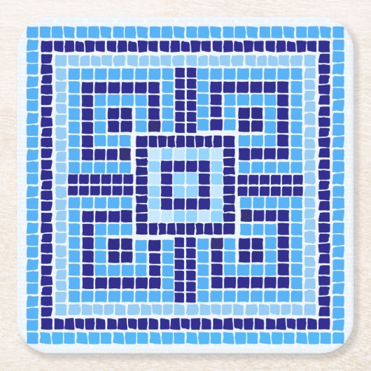 ギリシャ風モザイクタイルオーナメント – ブルーシェード スクエアペーパーコースター (正面)