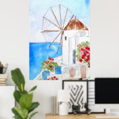 ギリシャ風車のインクと水色 ポスター (ホームオフィス)