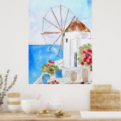 ギリシャ風車のインクと水色 ポスター (キッチン)