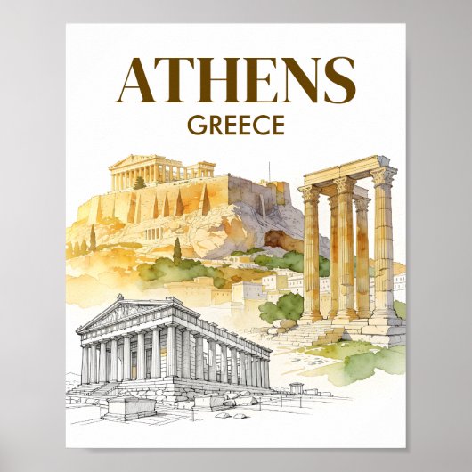 ギリシャ・アテネ水彩スケッチ旅行 アクロポリス ポスター (正面)