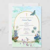 ギリシャ《キリスト教》洗礼式や命名式バプティスブルーマーブルワイルドフラワー 招待状 (正面)