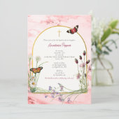 ギリシャ《キリスト教》洗礼式や命名式バプテスピンクマーブルワイルドフラワー 招待状 (スタンド正面)