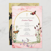 ギリシャ《キリスト教》洗礼式や命名式バプテスピンクマーブルワイルドフラワー 招待状 (正面/裏面)