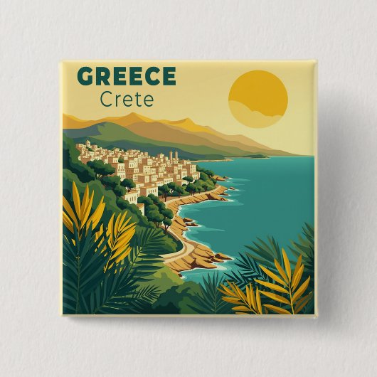 ギリシャ クレタ島の懐かしいクラシックな旅行ポスター 缶バッジ (正面)