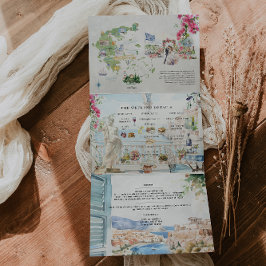 ギリシャ，クレタ |図解入りの、写真付きの結婚s 三つ折り招待状