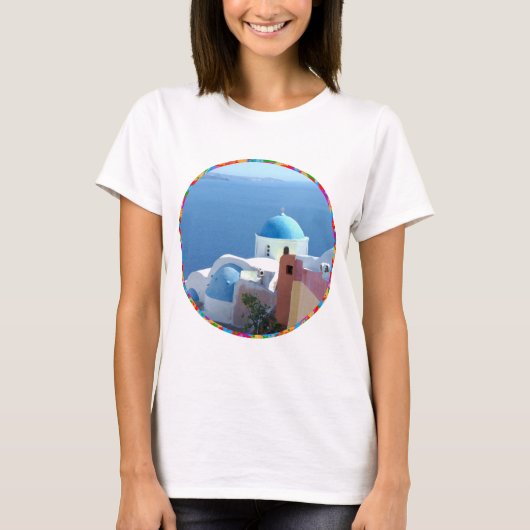 ギリシャ・サントリーニ島の教会の風景 Tシャツ (正面)