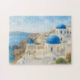 ギリシャ・サントリーニ島の水彩画 青いドームの教会アート ジグソーパズル