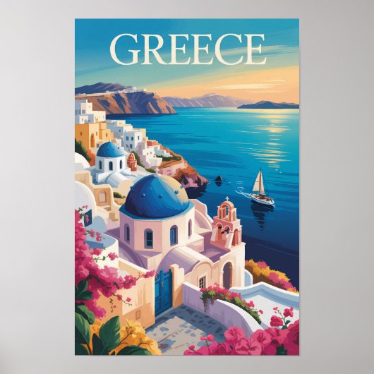 ギリシャ サントリーニ島 イラスト 旅行アート ヴィンテージ ポスター (正面)