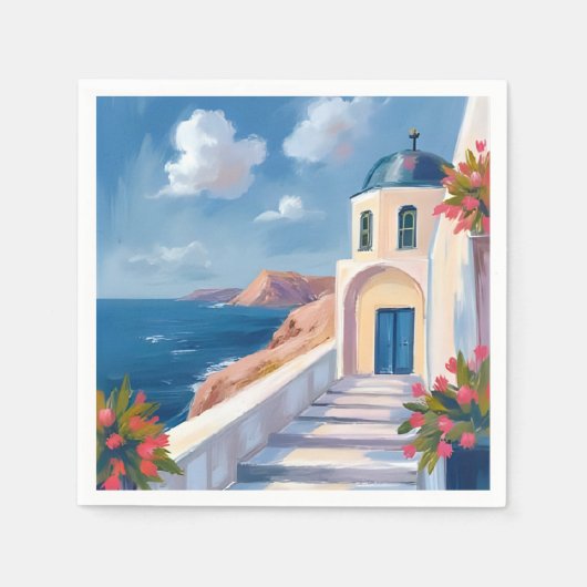 ギリシャ サントリーニ島 水彩画 旅行 スタンダードカクテルナプキン (正面)