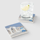 ギリシャ、サントリーニ。鐘楼とブルードーム2個分 ストーンコースター (横)